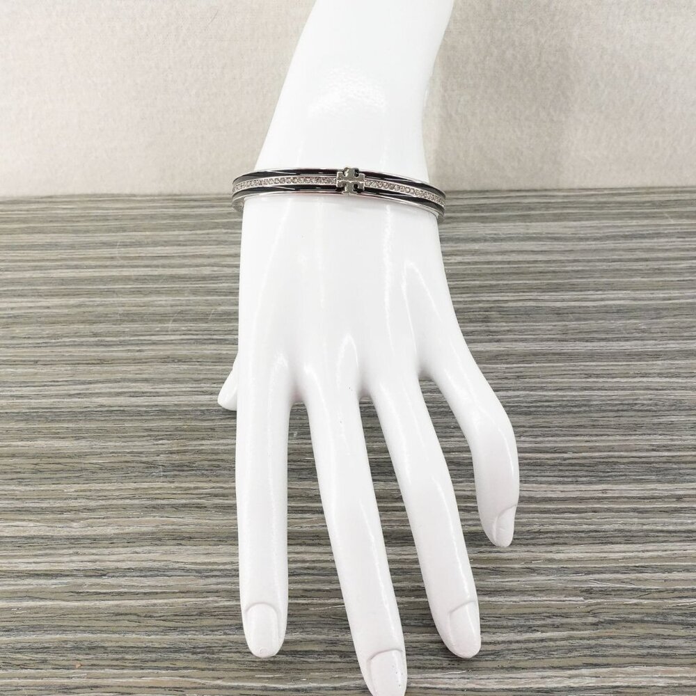Tory Burch Kira Pave Enamel Hinge Bracelet Black/ Silver OS - Picture 12 of 14